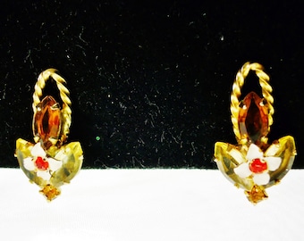 Vintage Earrings Coiled Rope with Rhinestone Center Flower Clip On