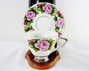 Vintage Bone China Footed Teacup Set Large Pink Roses Platinum Trim