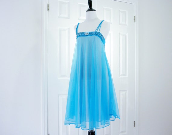 The Emporium Jeweled Chiffon Nightgown Royal Blue 1960s Dead Stock