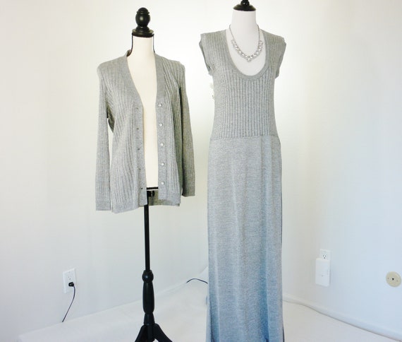 Vintage 70s Rib Knit Maxi Dress Set / 1970s Silve… - image 2