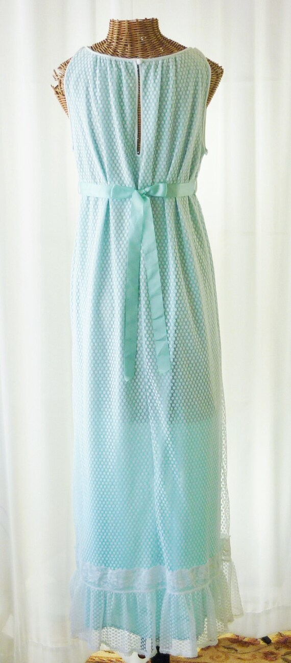 Vintage Nightgown Aqua Blue White Swiss Dot Unwor… - image 5