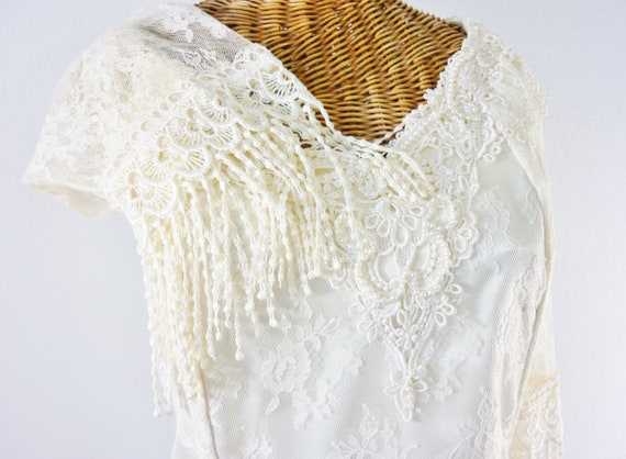 Vintage Tassle Lace Wedding Dress Sheer Lace Seev… - image 3