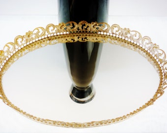 50s Filigree Rail Mirrored Vanity Mirror Tray Gold White