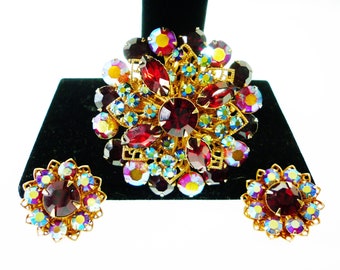 Ornate Brooch Earrings Set AB Filigree Goldwork Domed 4 Tier