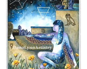 May include: A watercolor painting of the astrological sign Virgo. The painting features a woman with wings, a starry sky, and a constellation of Virgo. The painting is titled "Virgo".