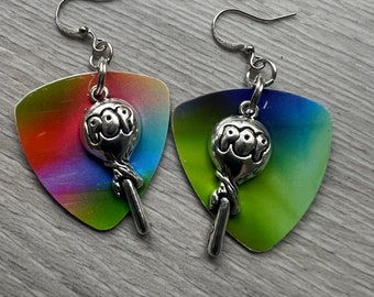 Lollipop Rainbow Earrings Guitar Picks Silver Tone Charms