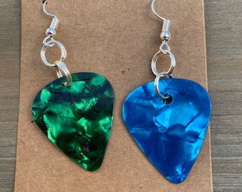 Blue/Green Guitar Pick earrings Marble Print or Solid Mismatched