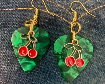 Cherry and Guitar Pick Earrings Green Picks with Red Cherries Very musical and Fun