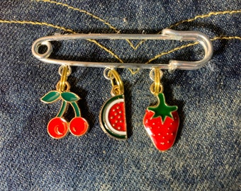 Kilt Pin Watermelon, Strawberry and Cherry Large Silvertone or Goldtone Denim Hoodie Backpack