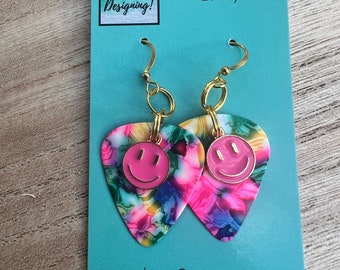 Guitar Pick earrings Pink Happy Face Charms Tropical Colors