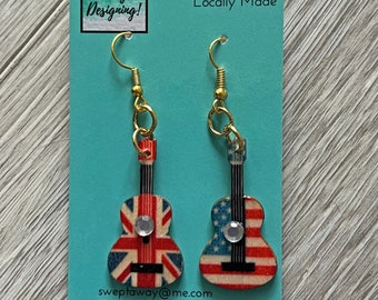 Earrings Wooden guitars with US flag and Union Jack Flag Concerts hypoallergenic ear wires in goldtone