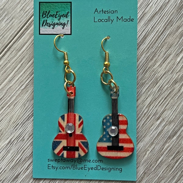 Earrings Wooden guitars with US flag and Union Jack Flag Concerts hypoallergenic ear wires in goldtone