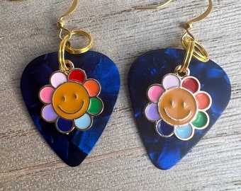 Rainbow Happy Face Kawaii Blue or White Guitar Pick Earrings