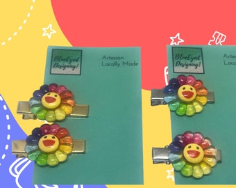 Rainbow Happy Face Kawaii Lovers Barrettes Pair