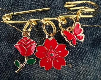 Kilt Pin Red Flowers and Butterfly Denim Backpack Purse Charm