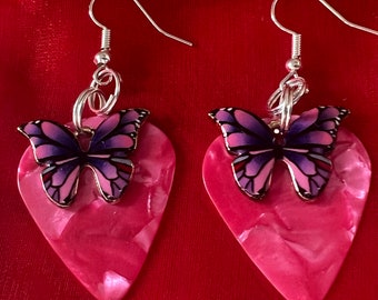 Butterfly Tattoo Charm Guitar Pick Earrings Pink and Purple