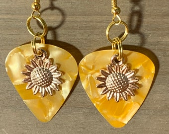 Guitar Pick Yellow-Gold earrings and Large Sunflower Charm