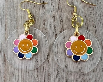 60's Mod Flower Smiley Earrings Rainbow Colors