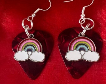 Rainbow Charm Red Guitar Pick Earrings