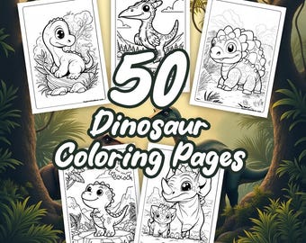 May include: A collection of five dinosaur coloring pages, each featuring a different cartoon dinosaur illustration. The pages are black and white and surrounded by a green and brown forest background. The text "50 Dinosaur Coloring Pages" is displayed in the center.