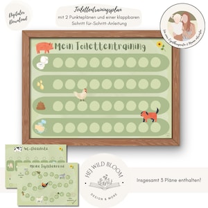 May include: A green and brown printable potty training chart with a wooden frame. The chart has three rows of circles with different animal illustrations. The text "Mein Toilettentraining" is at the top of the chart.