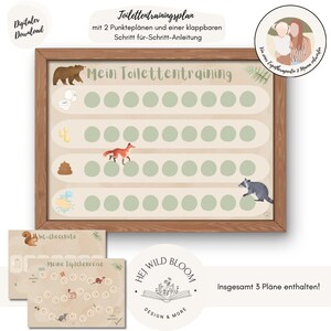 以下が含まれることがあります： 森をテーマにした印刷可能なトイレトレーニングチャート。チャートには、茶色のクマ、キツネ、アライグマ、緑と白のカラーリングが描かれています。チャートのテキストには、「Mein Toilettentraining」と「Insgesamt 3 Pläne enthalten！」と書かれています。