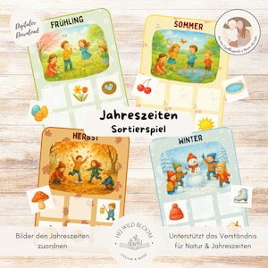 Op de afbeelding: Vier geïllustreerde kaarten met de seizoenen: lente, zomer, herfst en winter. Elke kaart toont kinderen die seizoensgebonden activiteiten uitvoeren, met bijbehorende afbeeldingen eronder. De tekst op de kaarten is in het Duits.