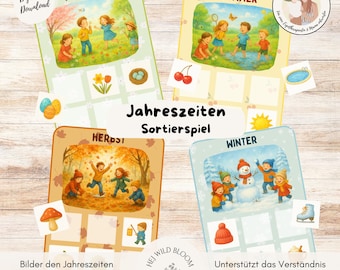 May include: Four illustrated cards depicting the seasons: spring, summer, autumn, and winter. Each card features children engaged in seasonal activities, with corresponding images below. The text on the cards is in German.