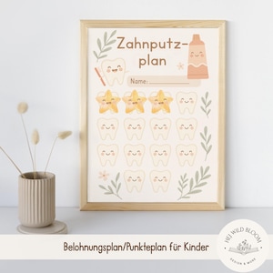 Könnte beinhalten: Ein gerahmter Kinder-Zahnpflegeplan mit dem deutschen Text "Zahnputzplan". Die Tafel zeigt Illustrationen von lächelnden Zähnen, Sternen und einer Tube Zahnpasta. Der untere Teil des Rahmens trägt den Text "Belohnungsplan/Punkteplan für Kinder".
