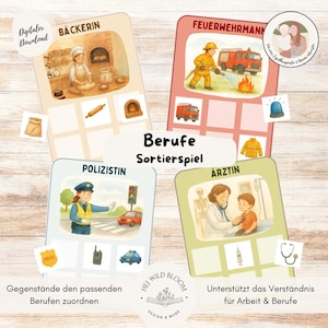 May include: A set of educational cards for a sorting game, depicting professions such as a baker, firefighter, police officer, and doctor. The cards have matching objects to sort. The text on the cards is in German.