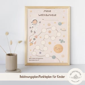 Puede incluir: Un cuadro de recompensas enmarcado con temática espacial. El cuadro presenta un astronauta, un cohete, planetas y estrellas en colores pastel suaves. El texto incluye "Meine Weltraumreise" y "Belohnungsplan/Punkteplan für Kinder".