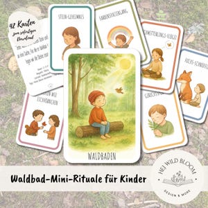 May include: A collection of illustrated cards with nature-themed images and text. The cards feature children in various outdoor settings, with titles like "Waldbaden" and "Stein-Geheimnis." The text "42 Karten zur sofortigen Download" is visible.