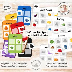May include: A set of colorful educational cards for children. The cards feature shapes, colors, and objects like fruits, vegetables, and toys. The text on the cards is in German. The cards are designed to help children learn about matching and visual perception.