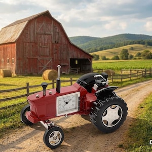 Reloj de tractor en miniatura de metal rojo con esfera romana negra