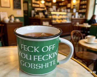 Irish Themed Green ceramic Mug - "Feck Off You Feckin Gobshite" - Funny St. Patrick's Day Gift, Ireland Harp Novelty Cup