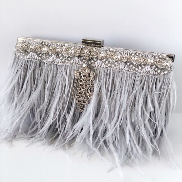 grey feather clutch bag