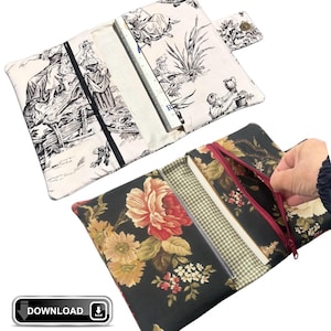 May include: Two fabric book covers. One is black and white with a toile design, the other is black with a floral pattern. Both have a pocket for a book and a zipper. The toile cover is open, and the floral cover is being unzipped.