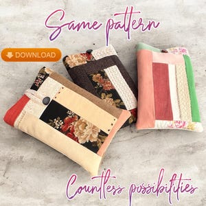 Puede incluir: Tres fundas de tela patchwork en varios colores y patrones. Una funda presenta tela floral, otra tiene un diseño a rayas y la tercera tiene una textura de pana. El texto "Same pattern" y "Countless possibilities" son visibles.