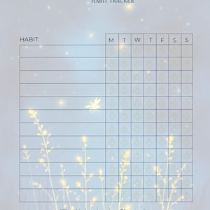 Puede incluir: Un rastreador de hábitos titulado "Glow Streaks" con un fondo azul claro y una cuadrícula para rastrear hábitos. El rastreador incluye el texto "Tiny Lights, Lasting Change." y el logotipo de Hailey PaperCo.