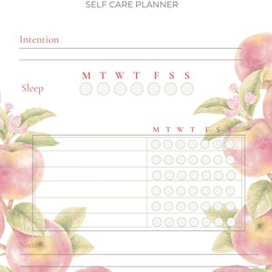 Könnte beinhalten: Ein Selbstpflegeplaner mit dem Text "CORE CARE" und "SELF CARE PLANNER". Er enthält Abschnitte für Absichten, Schlaf und Notizen mit einem Wochen-Tracker. Aquarellillustrationen von rosa Äpfeln und Blüten schmücken die Ränder.