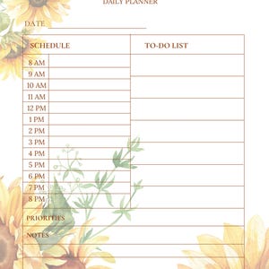 May include: A daily planner with a sunflower theme. The planner includes sections for scheduling, to-do lists, priorities, and notes. The words "RISE & SHINE" and "DAILY PLANNER" are at the top. The bottom of the planner has the text "HaileyPaperCo PRINT. PLAN. SIMPLIFY."