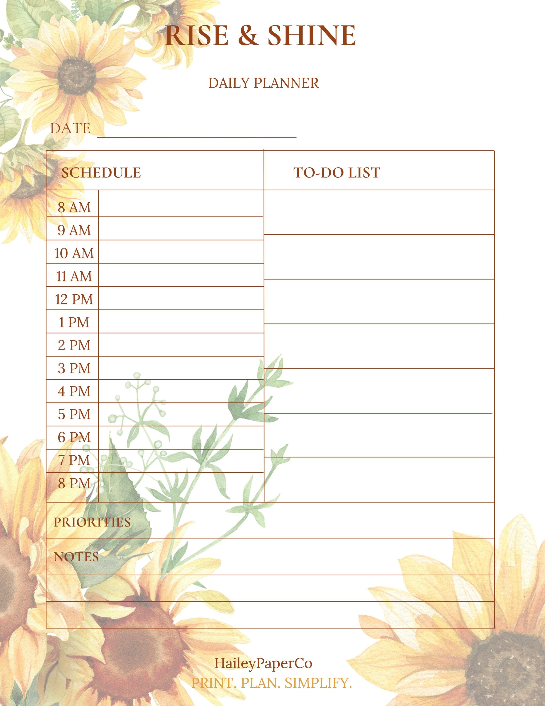 Sunflower Daily Planner | Printable Schedule, To-do List (PDF) - Etsy