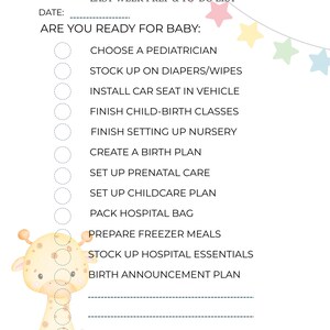 Puede incluir: Una lista de verificación imprimible para la preparación del bebé titulada "Final Nesting Touches" con una ilustración de jirafa y decoraciones de estrellas pastel. La lista incluye tareas como elegir un pediatra y preparar la bolsa del hospital.