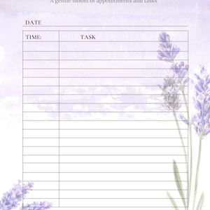 May include: A lavender-themed planner page with the text "LAVENDER ERRAND FLOW" and "A gentle bloom of appointments and tasks." The page includes sections for date, time, and task entries, with lavender illustrations and the text "HaileyPaperCo PRINT. PLAN. SIMPLIFY."