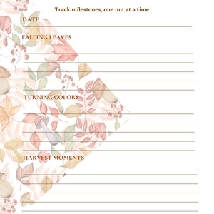 Puede incluir: Una página de planificador imprimible titulada "ACORN ACHIEVEMENTS" con espacio para rastrear los hitos. El diseño presenta ilustraciones de acuarela de hojas de otoño y setas en tonos de marrón, naranja y verde. El texto incluye "Track milestones, one nut at a time."