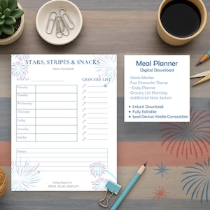 Stars, Stripes & Snacks - 4th of July Meal Planner | Patriotic Menu Organizer | Printable Grocery List PDF | HaileyPaperCo