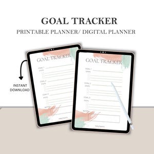Puede incluir: Dos tabletas digitales que muestran un planificador imprimible "GOAL TRACKER". El planificador tiene secciones para pasos y notas, con un diseño de acuarela. El texto "INSTANT DOWNLOAD" también es visible.