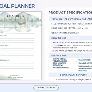 May include: A digital goal planner with a watercolor landscape design. The planner includes sections for main goals, milestones, and progress notes. Text on the page includes "Goal Planner", "Goal Dock", and "Print. Plan. Simplify."