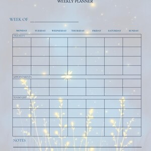 May include: A weekly planner with a blue and white gradient background, featuring the text "FIREFLY GLOW & GROW" and "WEEKLY PLANNER." The planner includes sections for priorities, appointments, to-do lists, and notes, with a floral design.