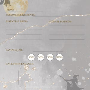 May include: A gray and gold Cauldron Ledger printable with the text "Cauldron Ledger Brew Your Budget". Includes sections for income, expenses, and savings. Features witch silhouettes and a full moon graphic.
